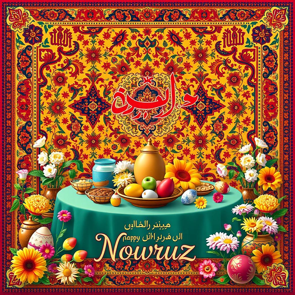 A vibrant and festive Nowruz (Persian New Year) poster featuring a richly designed carpet as the background