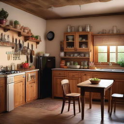 Warm and cozy kitchen with wooden cabinets, a rustic dining table, soft ambient lighting, and various cooking utensils.