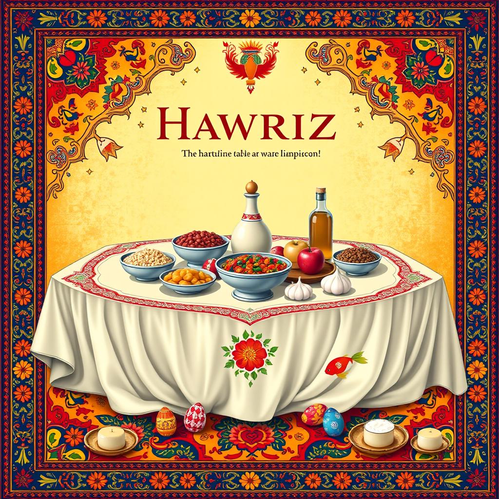 A vibrant Nowruz carpet poster featuring the Haft Sin table, showcasing all traditional items: Sabzeh (sprouted wheat or lentils), Samanu (sweet pudding), Senjed (dried fruit), Seer (garlic), Seeb (apple), Somagh (sumac), and Serkeh (vinegar)