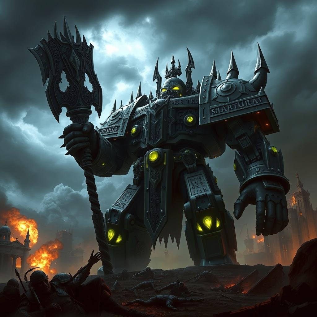 A colossal Warhammer-inspired titan standing majestically on a battlefield, towering over a ruined cityscape
