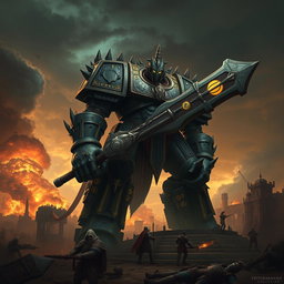 A colossal Warhammer-inspired titan standing majestically on a battlefield, towering over a ruined cityscape
