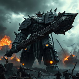 A colossal Warhammer-inspired titan standing majestically on a battlefield, towering over a ruined cityscape
