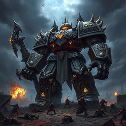 A colossal Warhammer-inspired titan standing majestically on a battlefield, towering over a ruined cityscape