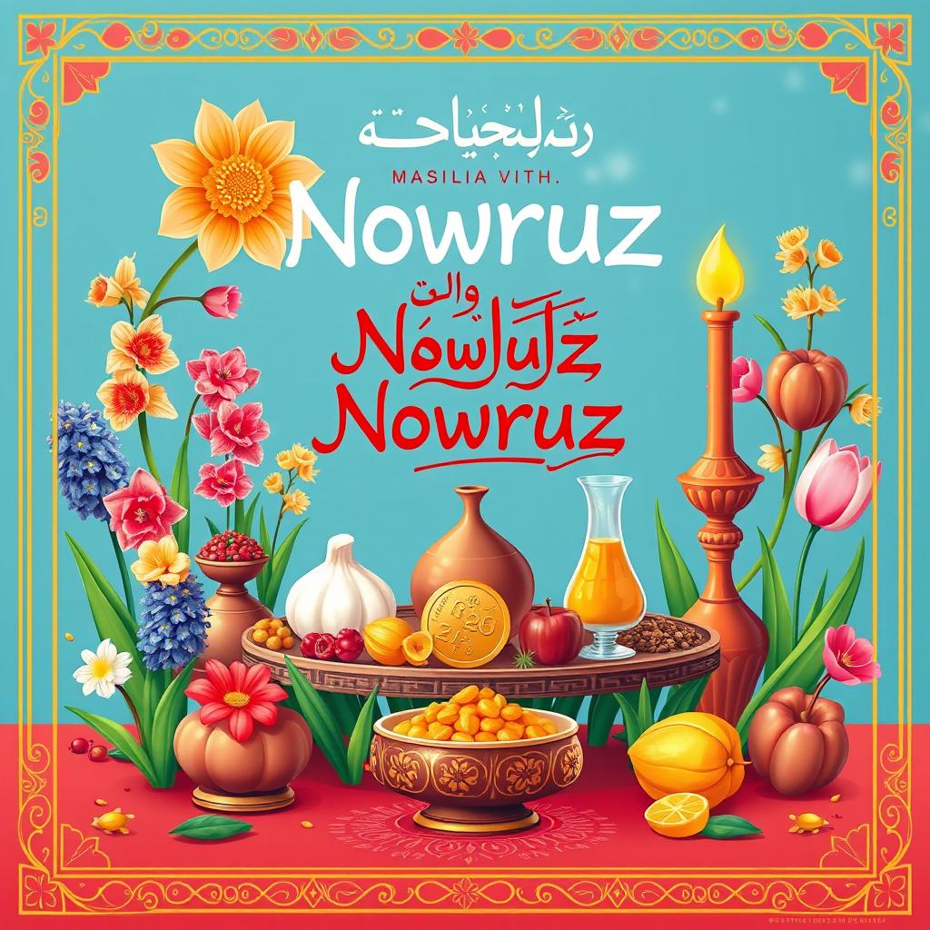 A vibrant Nowruz poster celebrating the Persian New Year, featuring traditional symbols such as a beautifully adorned Haft-Seen table with seven items: senjed (dried fruit), sir (garlic), seer (apple), sumac, sabi (vinegar), samanu (sweet pudding), and a gold coin
