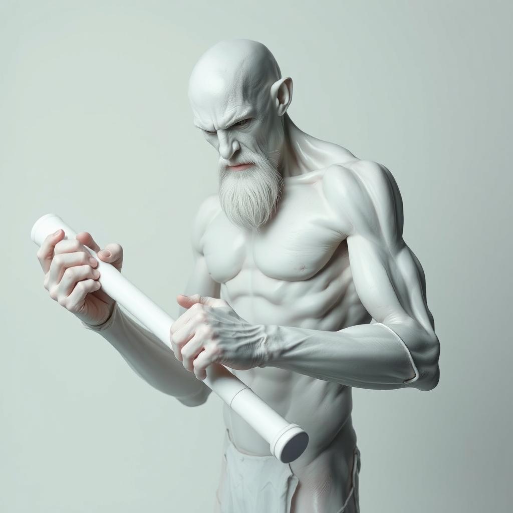 A skinny bald titan with all white silicone skin, showcasing its unique and striking appearance