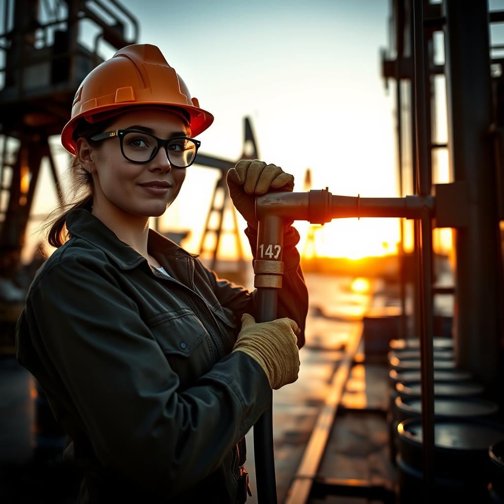 A female oil worker confidently pumping oil at a bustling oil rig, wearing protective gear like a hard hat, gloves, and safety glasses