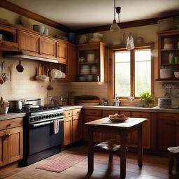 Warm and cozy kitchen with wooden cabinets, a rustic dining table, soft ambient lighting, and various cooking utensils.