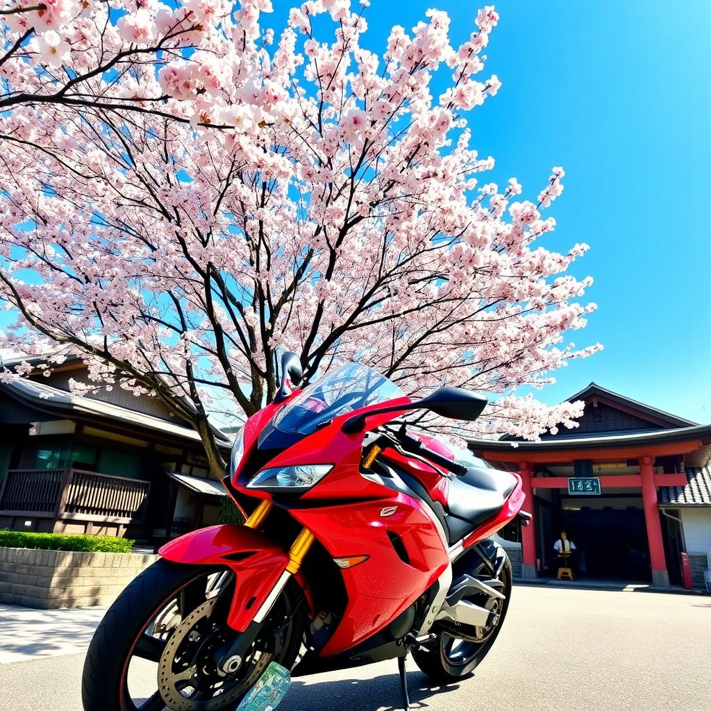 A vibrant red motorcycle parked on a scenic street in Japan, surrounded by cherry blossom trees in full bloom