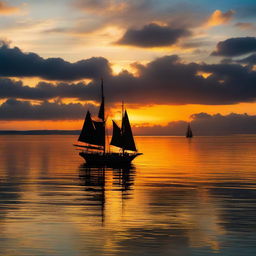 A vibrant sunset reflecting on a calm ocean with a silhouette of a large sailing ship in the distance.