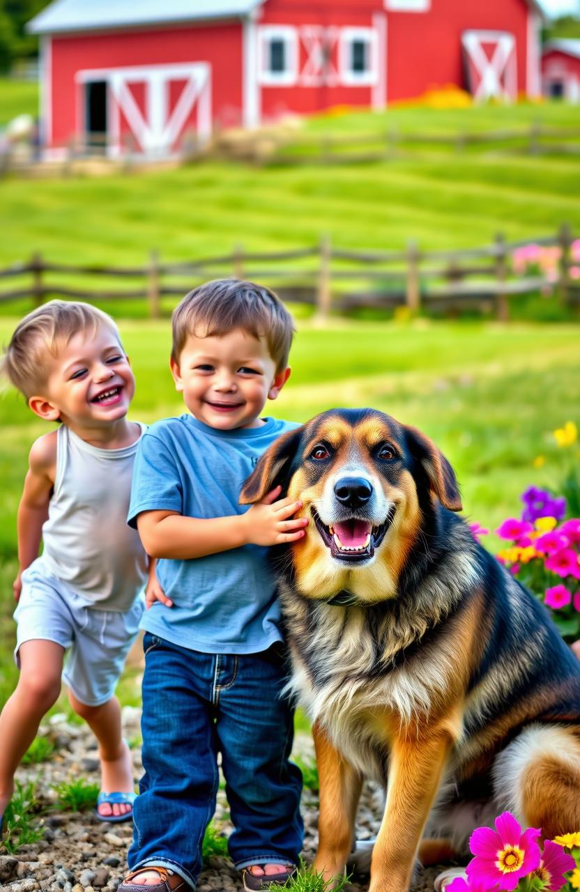 A scene on a vibrant farm with a thin boy and a chubby boy playing together, both laughing joyfully