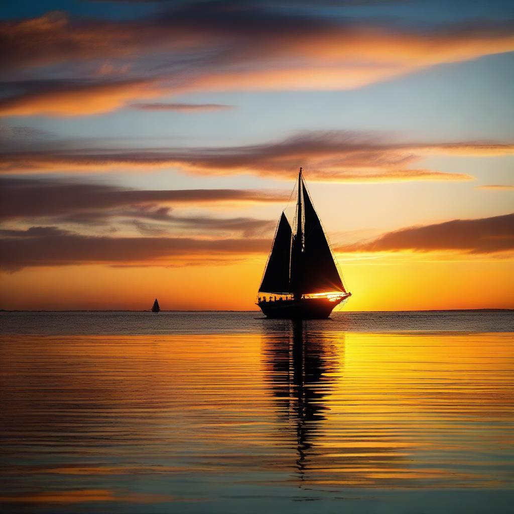 A vibrant sunset reflecting on a calm ocean with a silhouette of a large sailing ship in the distance.