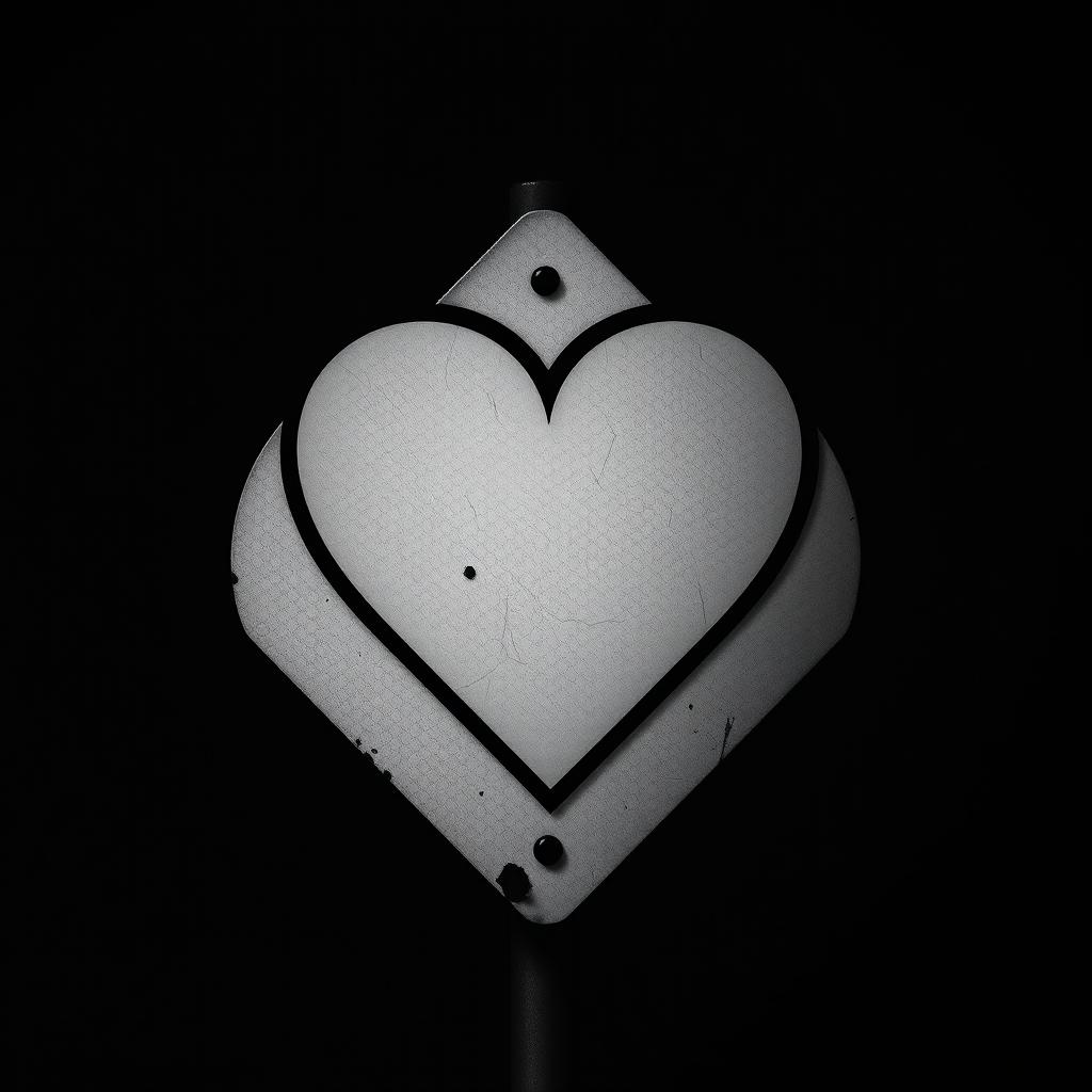 A striking black and white image featuring a heart symbol seamlessly integrated into a traditional warning sign design