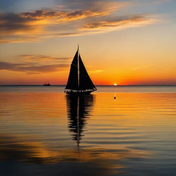 A vibrant sunset reflecting on a calm ocean with a silhouette of a large sailing ship in the distance.