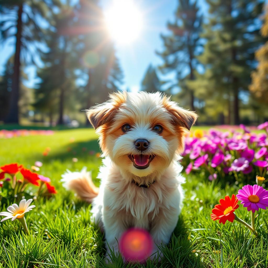 A cute dog sitting happily in a grassy park, surrounded by colorful flowers
