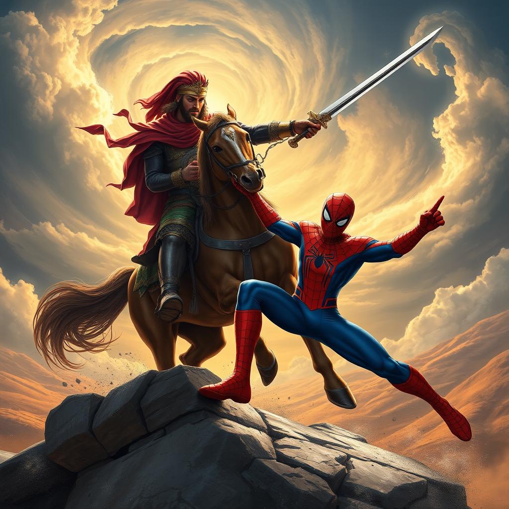 Rostam, the legendary hero from Shahnameh by Ferdowsi, engaging in an epic battle with Spider-Man