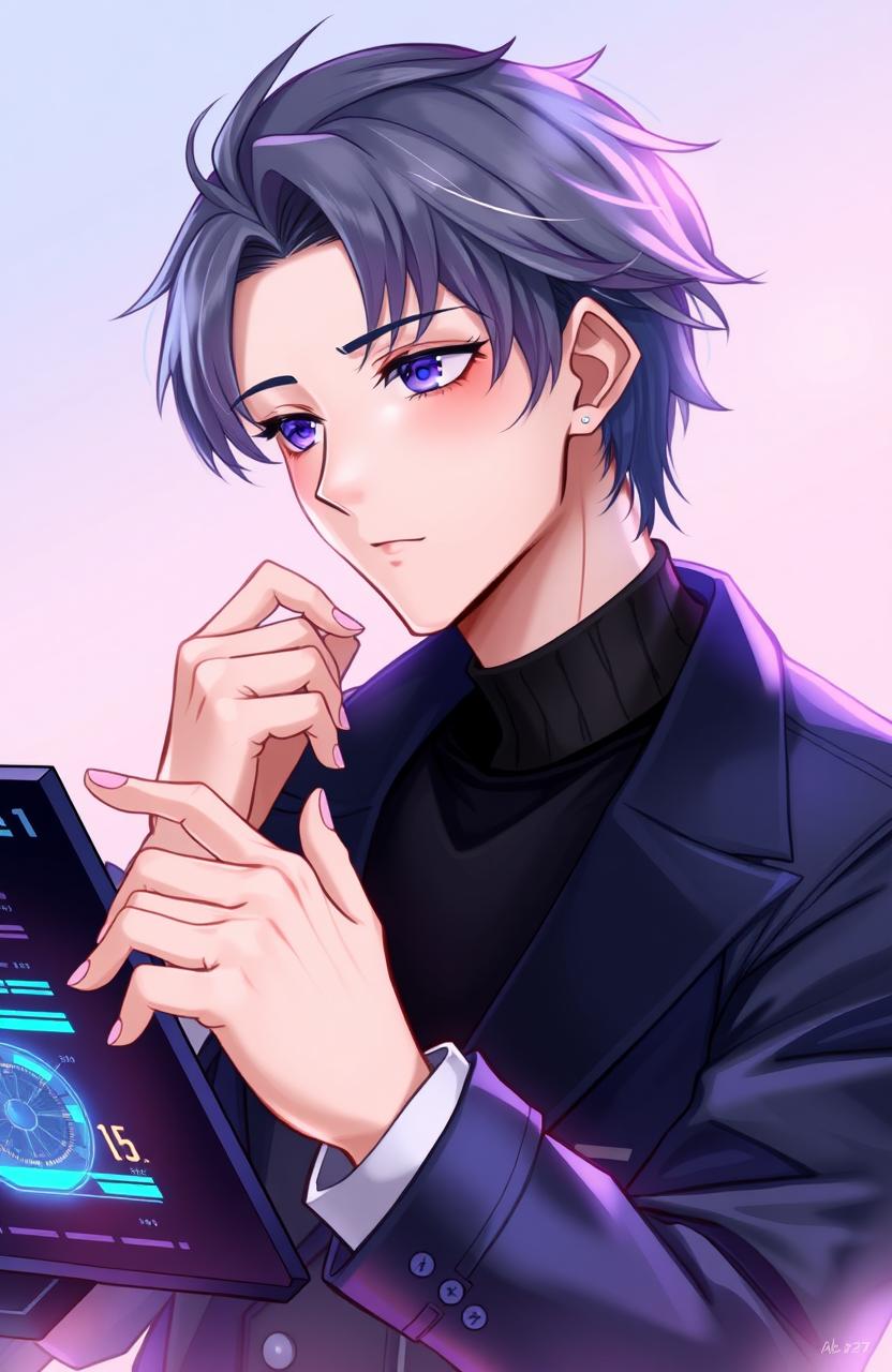 A digital artwork of an adult male character with delicate features, showcasing a thoughtful expression and stylish attire
