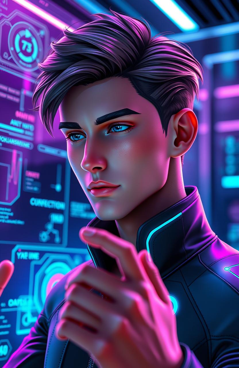A digital rendering of an adult male character with delicate, refined features, portrayed in a futuristic environment
