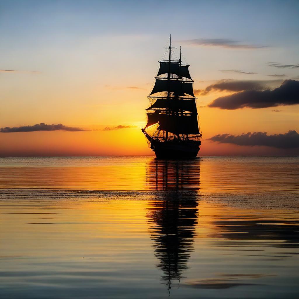 A vibrant sunset reflecting on a calm ocean with a silhouette of a large sailing ship in the distance.