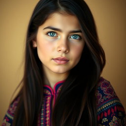 A portrait of an Iranian girl with striking blue eyes, showcasing her unique beauty