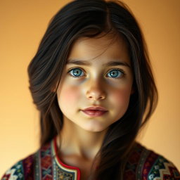 A portrait of an Iranian girl with striking blue eyes, showcasing her unique beauty