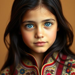 A portrait of an Iranian girl with striking blue eyes, showcasing her unique beauty