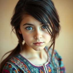 A portrait of an Iranian girl with striking blue eyes, showcasing her unique beauty