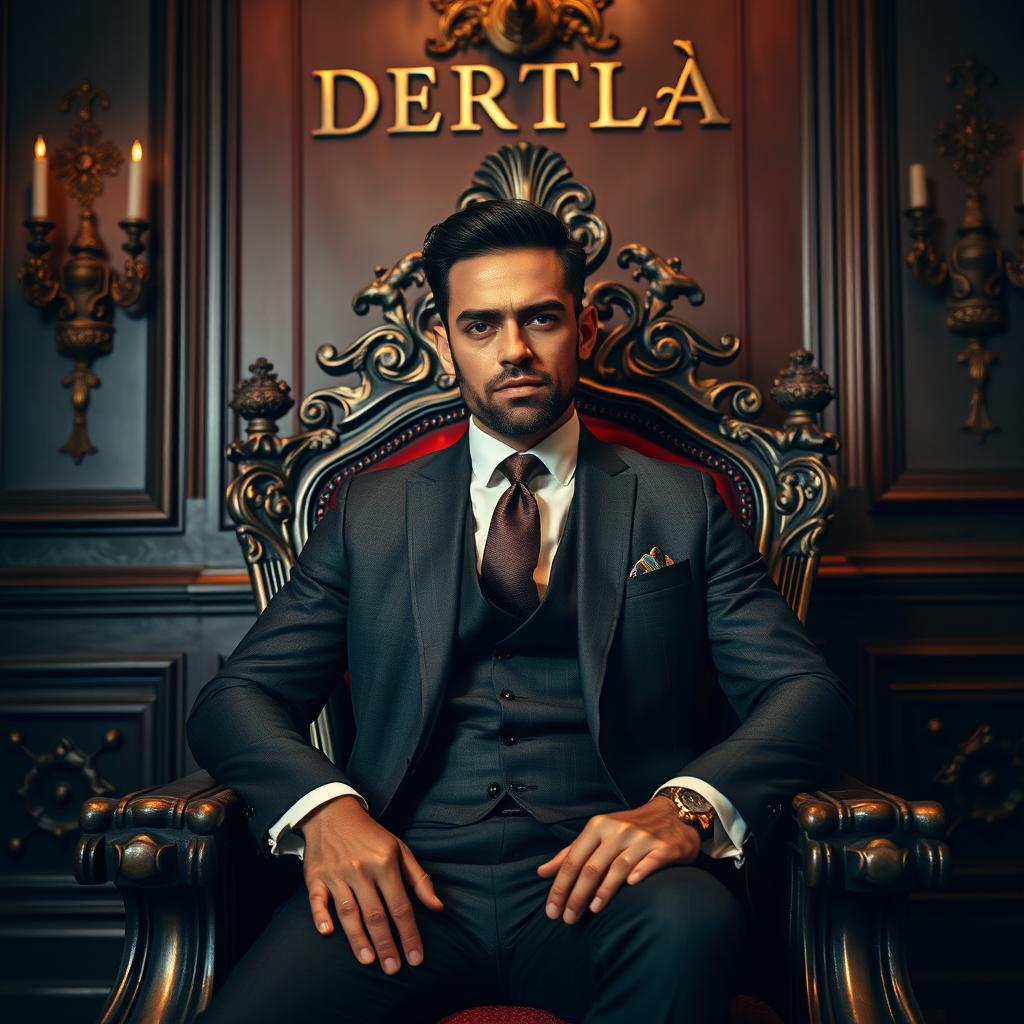 In a beautifully decorated room, a very handsome man in a tailored suit sits majestically on a king's throne