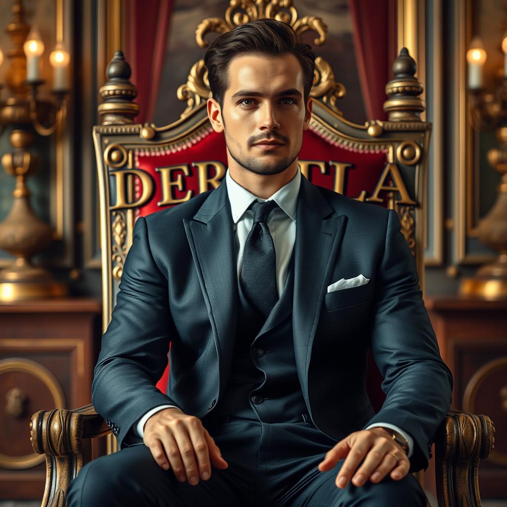 A very handsome man dressed in a tailored suit, sitting on a royal throne in a beautifully designed room