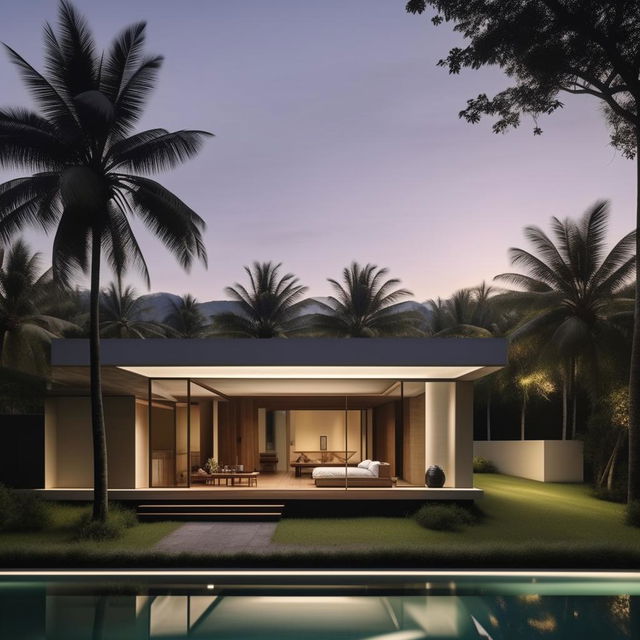 Design a two-story modern minimalist villa on a 100 square meter plot near Panai. Features include an infinity pool, a rooftop open-space relaxation area, a living room for socializing, a car port on the first floor, and a bathroom on each floor with two bedrooms.