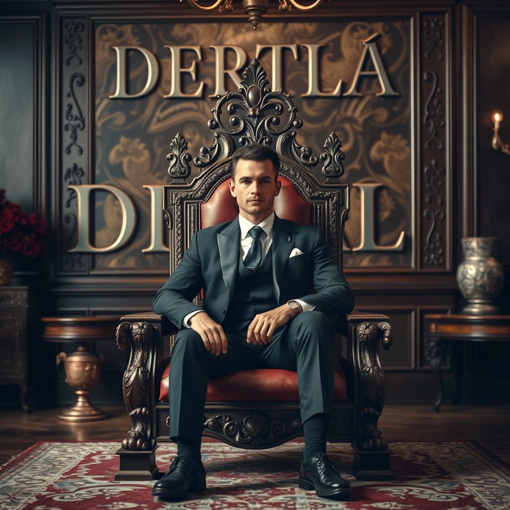 A beautifully designed room featuring an elegant king's throne with a very handsome man dressed in a tailored suit seated on it