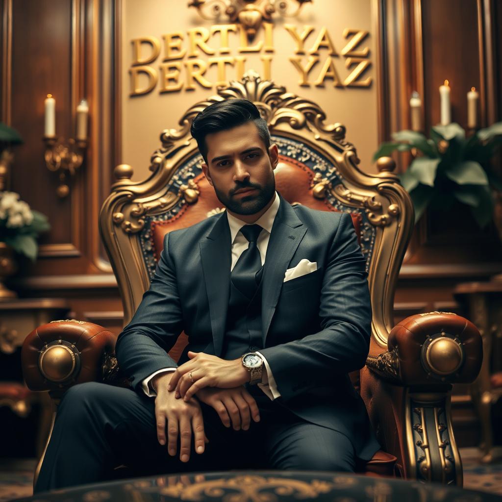 A handsome man in a suit seated on a royal throne in a beautifully arranged room