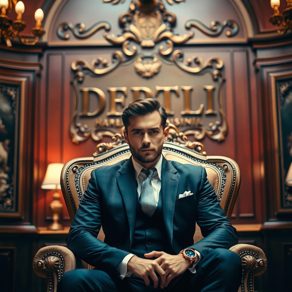 Inside a beautiful room, a handsome man dressed in a tailored suit sits on a royal throne