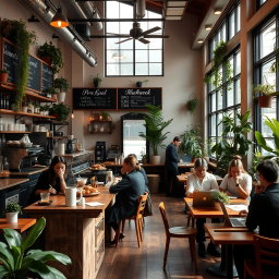A cozy coffee shop scene filled with warm lighting, rustic wooden furniture, and a variety of plants