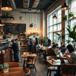 A cozy coffee shop scene filled with warm lighting, rustic wooden furniture, and a variety of plants