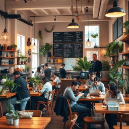 A cozy coffee shop scene filled with warm lighting, rustic wooden furniture, and a variety of plants
