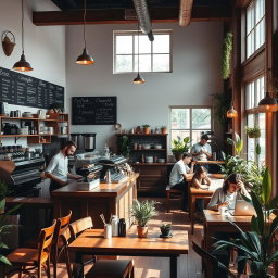 A cozy coffee shop scene filled with warm lighting, rustic wooden furniture, and a variety of plants