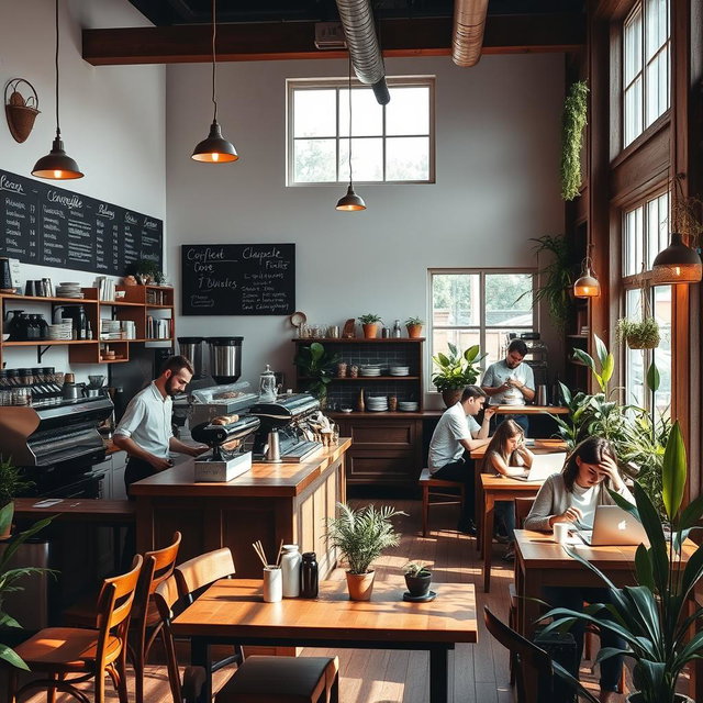 A cozy coffee shop scene filled with warm lighting, rustic wooden furniture, and a variety of plants