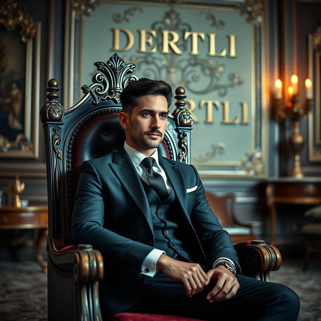 A handsome man in a stylish suit seated on a king's throne in a beautifully decorated room