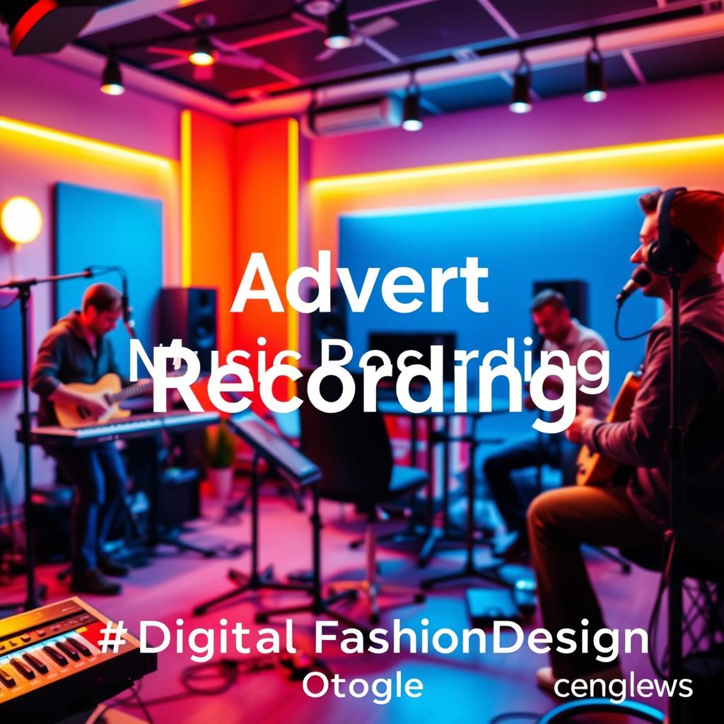 A vibrant advertisement photograph that captures the essence of music recording, featuring a stylish digital fashion design