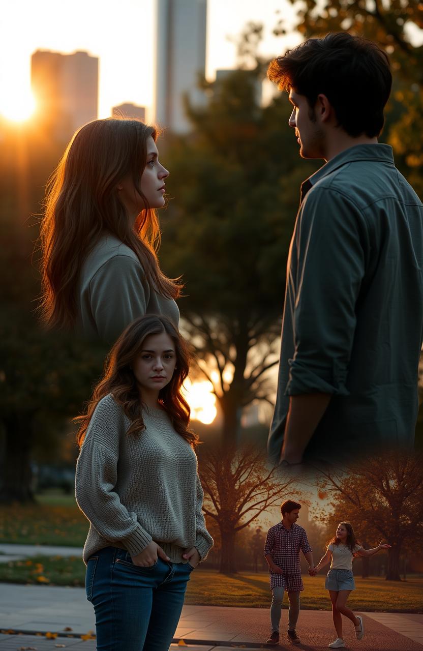 A poignant scene depicting a main female character in her late 20s, standing in an urban park during sunset, looking melancholic