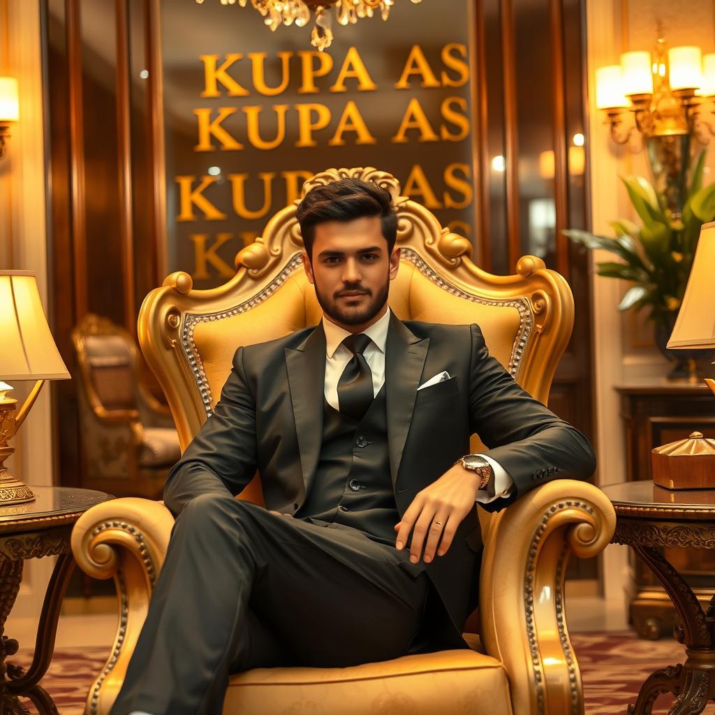 In a beautifully decorated room, a very handsome man in a tailored suit sits confidently on a regal throne