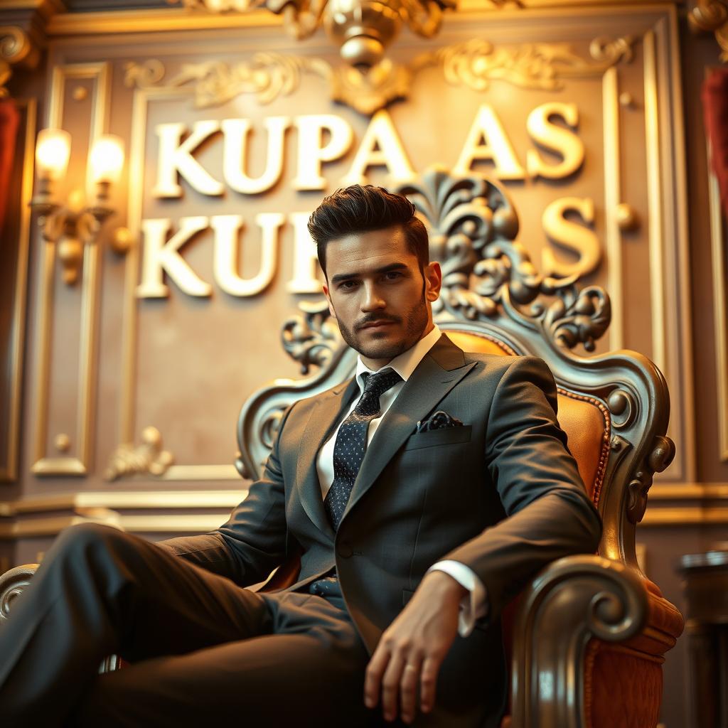A handsome man in a tailored suit sitting confidently on a royal throne in an elegantly decorated room