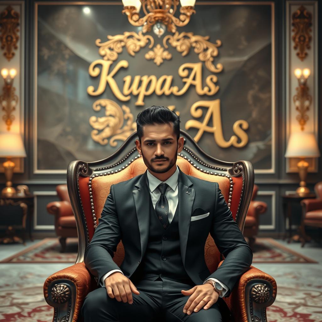 A handsome man dressed in a stylish suit sitting on a regal throne in a beautifully decorated room