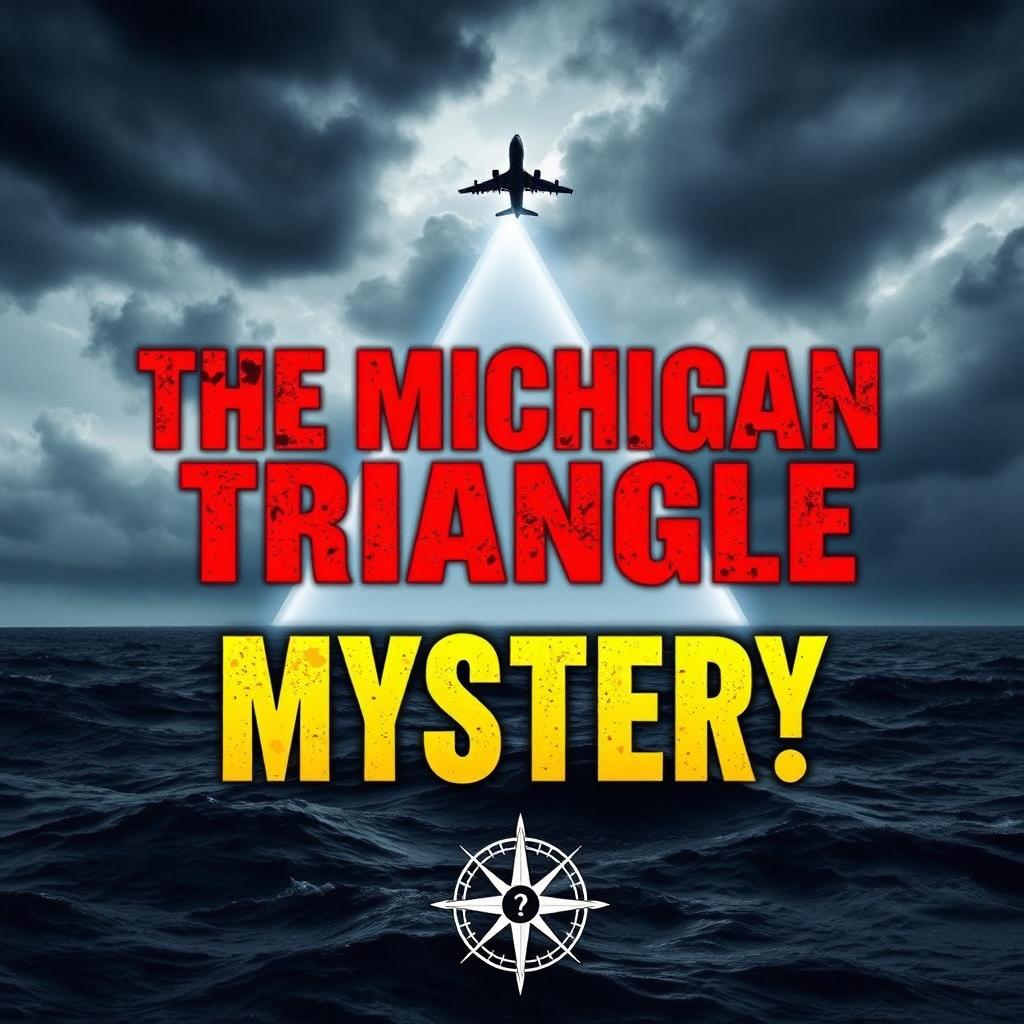 A captivating YouTube thumbnail featuring the mysterious Michigan Triangle, showcasing a dramatic ocean scene with stormy skies above and a silhouetted outline of a plane disappearing into the clouds