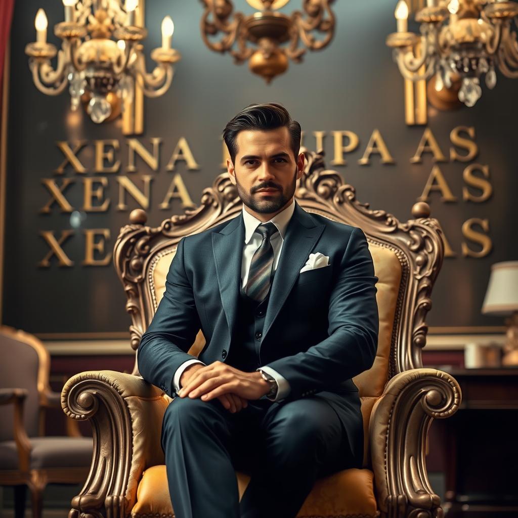 A very handsome man sitting on a royal throne in a beautiful room, wearing a tailored suit
