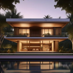 Design a two-story modern minimalist villa on a 100 square meter plot near Panai. Features include an infinity pool, a rooftop open-space relaxation area, a living room for socializing, a car port on the first floor, and a bathroom on each floor with two bedrooms.