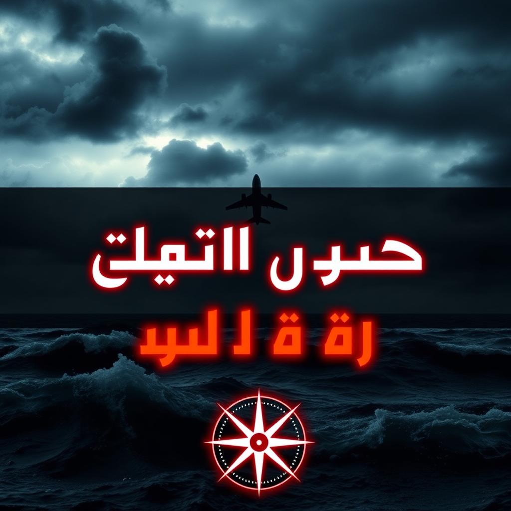 A captivating YouTube thumbnail designed for a channel discussing the Michigan Triangle, featuring a mysterious ocean scene with dark, stormy skies and a silhouette of a plane vanishing into the clouds