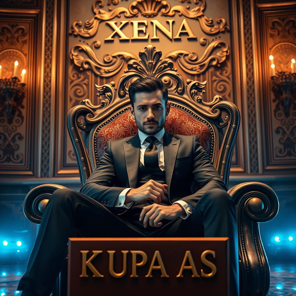 A stunning room featuring a handsome man in a well-fitted suit sitting majestically on a royal throne