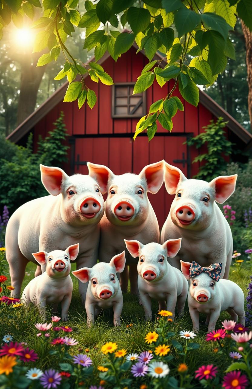In the heart of a lush, dense forest, a charming scene unfolds featuring a pig family