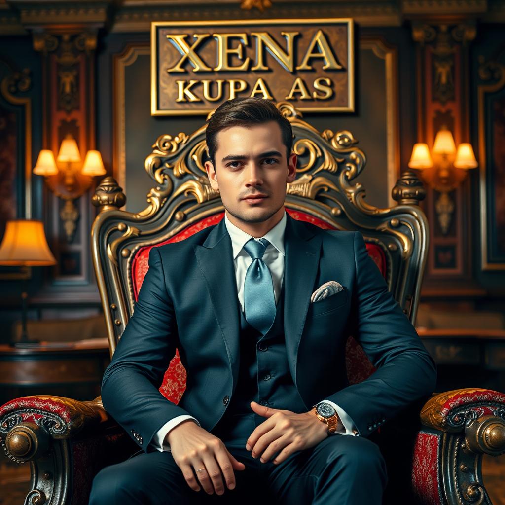 A handsome man in a tailored suit sitting elegantly on a royal throne in a beautiful, richly decorated room